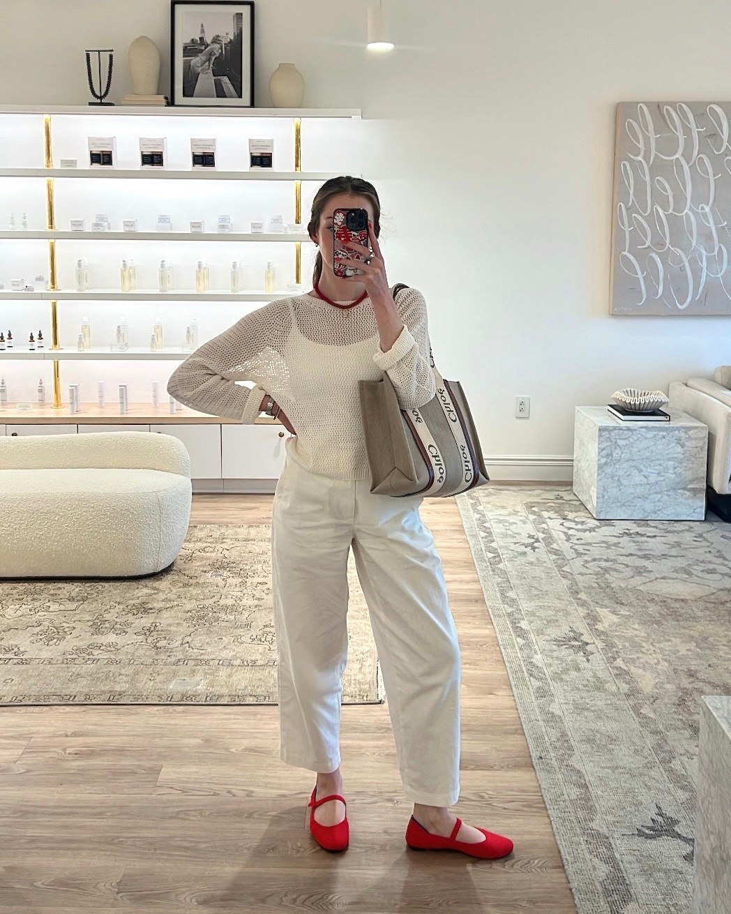 Casual work outfit 

White pants / linen pants - size down 

White sweater / mesh sweater - runs true to size 

Rothy’s flats / red Mary Jane’s - runs true to size 

#LTKautumn #LTKWorkwear #LTKShoeCrush