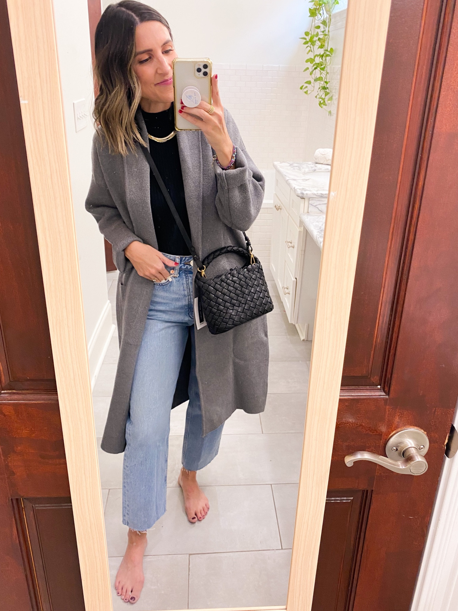 Wearing XS in coat-igan. Denim runs TTS. Wearing size 4. THE QUALITY of this BAG!! OMG! So good!!! 

#LTKunder100 #LTKitbag #LTKstyletip