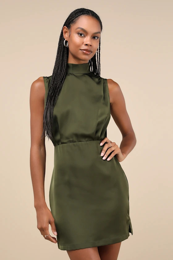Classic Elegance Olive Satin Sleeveless Mock Neck Mini Dress | Lulus