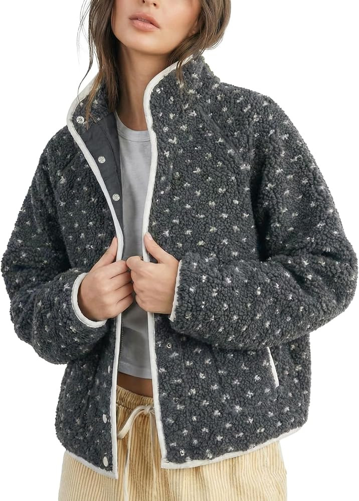 Slouchy Fleece Jacket Women Long Sleeve Button Down High Neck Polka Dot Puffer Jackets Sherpa Ove... | Amazon (US)