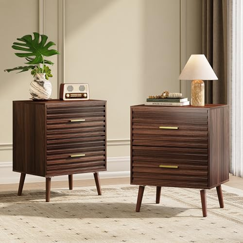 WLIVE Nightstands Set of 2, Mid Century Modern Bedside Tables with Fluted Drawers, Walnut Wood End Table with Storage for Bedroom, Living Room, Accent Furniture | Amazon (US)