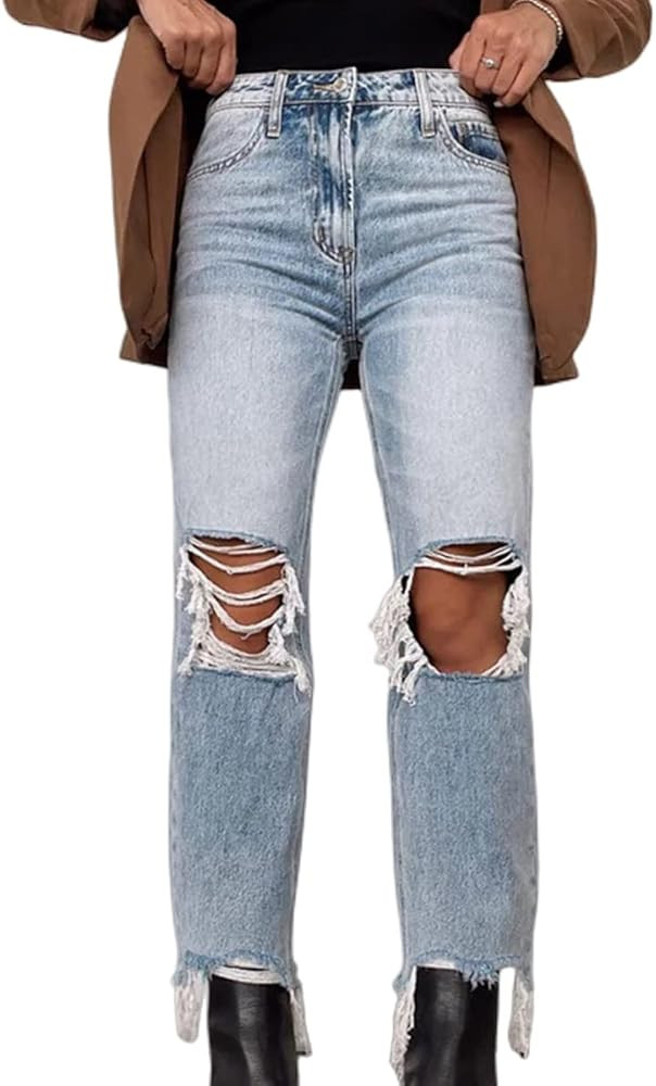 Womens Ripped Jeans Casual Stretchy Straight Leg Denim Pant High Waisted Retro Classic Denims Rel... | Amazon (US)