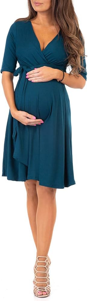 Mother Bee Maternity Knee Length Wrap Dress with Adjustable Belt | Amazon (US)