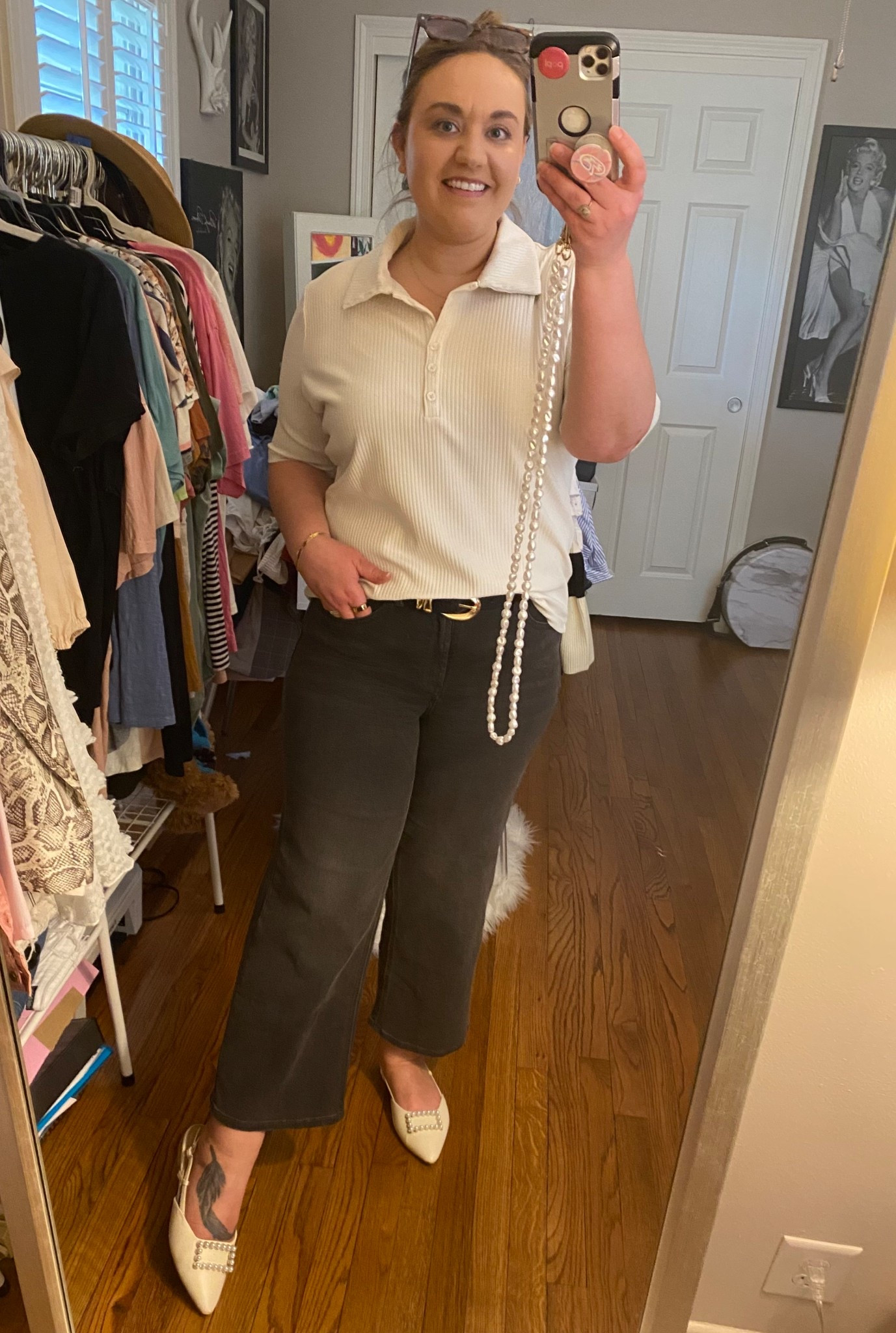 Wide leg jeans, ankle jeans, black jeans, old navy jeans, collared shirt, black and gold belt, target style, black and ivory, ivory and black, elbow sleeve polo, polo shirt

#LTKFindsUnder50 #LTKStyleTip #LTKTravel