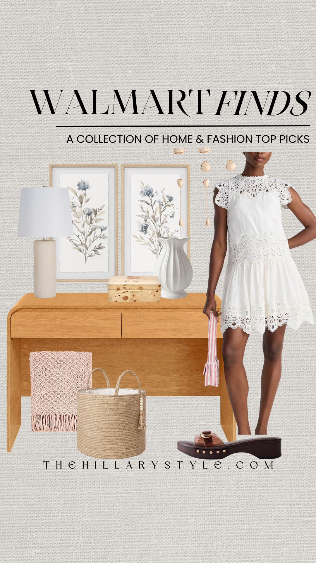 Walmart Spring Home & Fashion Finds | Neutral Organic Modern Style

Refresh your space and your wardrobe with these elevated Walmart finds that perfectly blend "Modern Organic" and "Warm Minimalism." This curated look features a stunning white eyelet lace mini dress for an effortless "quiet luxury" aesthetic, paired with trending tortoiseshell platform slides. For the home, we’re leaning into "Soft Summer" textures with a warm oak console table, textured jute storage baskets, and nature-inspired floral wall art. Complete the vibe with a sophisticated ceramic table lamp and sculptural white vases to create a serene, grounded atmosphere. These affordable pieces make it easy to achieve a high-end, designer look for both your home and closet this season. 

 #TheHillaryStyle #WalmartHome #WalmartFashion #ModernOrganic #OrganicModern #WarmMinimalism #SpringHomeRefresh #QuietLuxuryStyle #WalmartFinds #LTKhome #PinterestHome #AffordableLuxury #NeutralHomeDecor #SpringOutfits2026 #HomeStylingInspo 

#LTKootd #LTKSeasonal #LTKHome