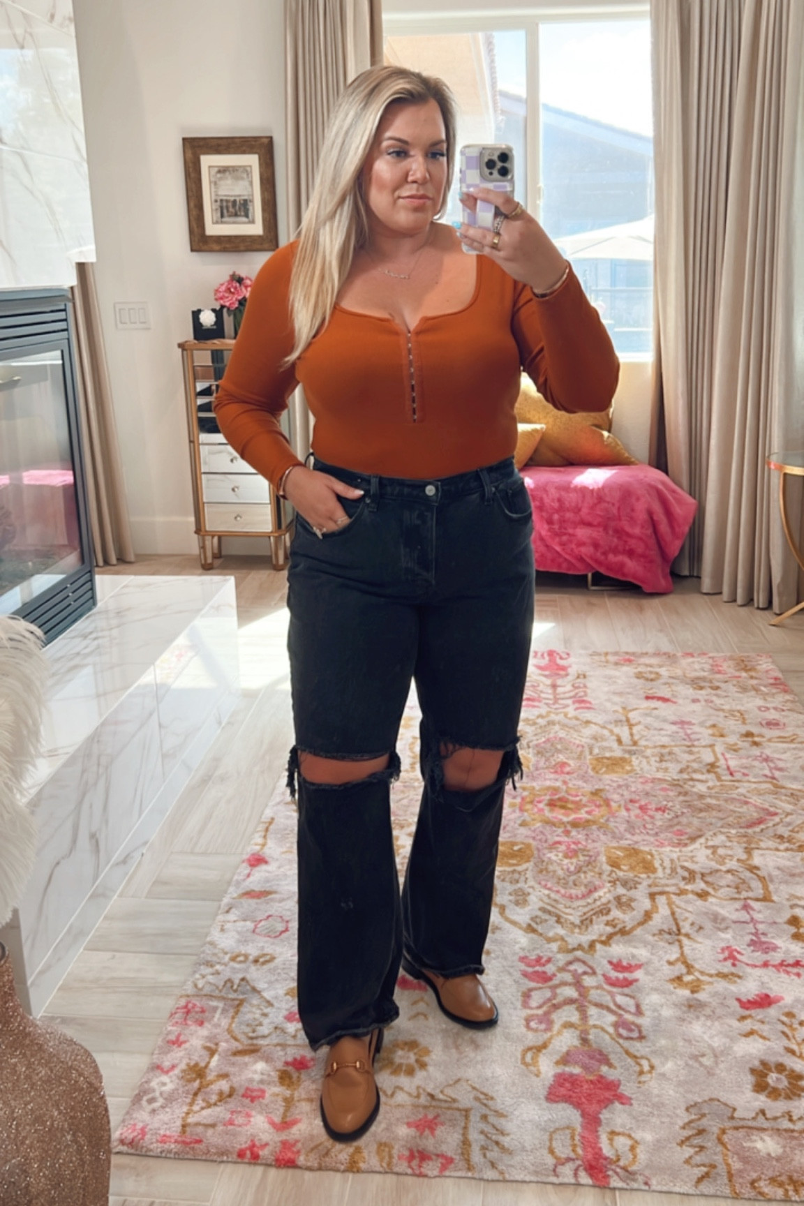 curvy fall uniform outfit for fall! wearing size xl in burnt orange bodysuit and size 32 in black distressed denim 

#LTKcurves #LTKunder100 #LTKSeasonal