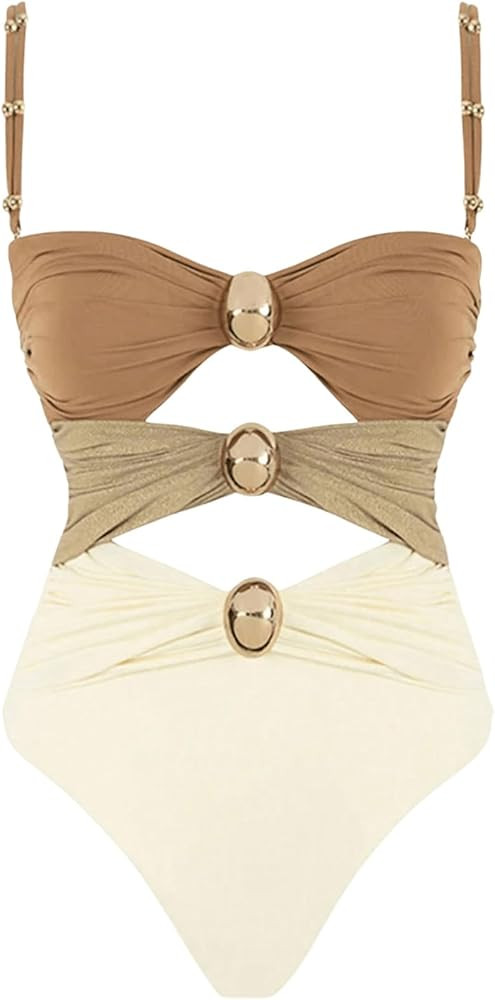 Verdusa Women's Cut Out Colorblock One Piece Swimsuit Ruched Swimwear Bathing Suit | Amazon (US)