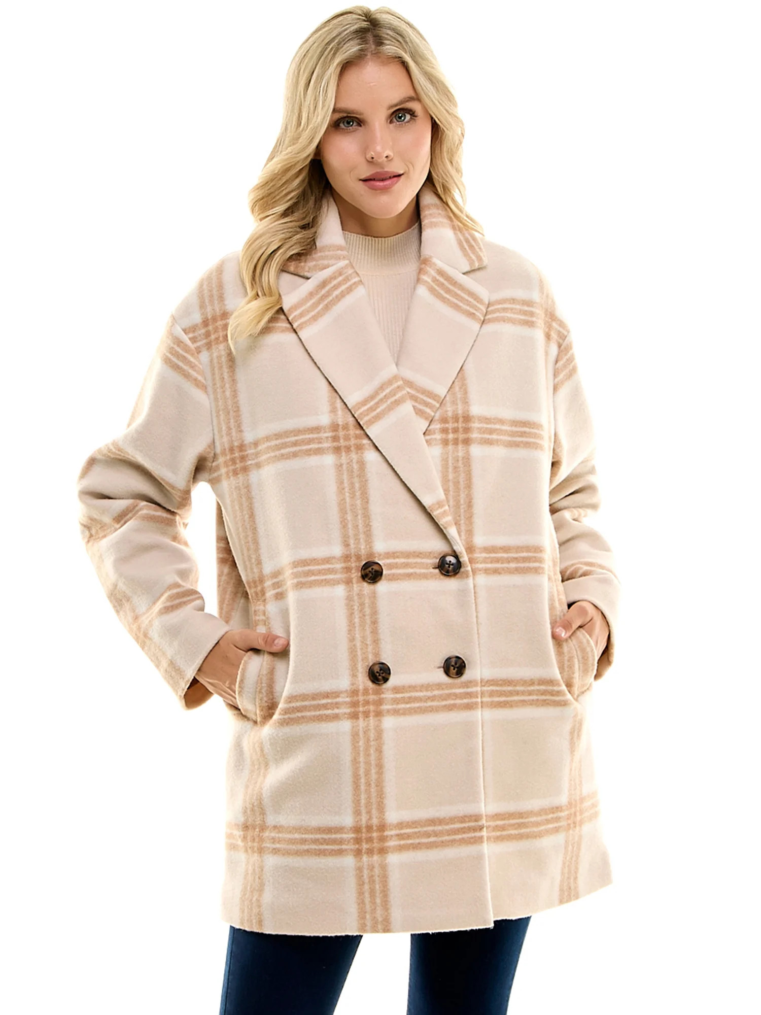 Time and Tru Women's Brushed Twill Plaid Coat, Sizes XS-3X | Walmart (US)