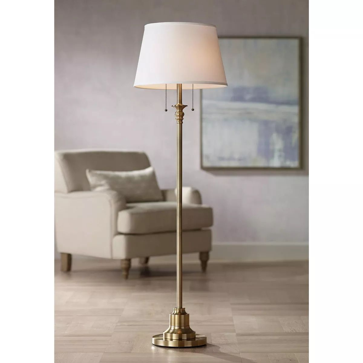 360 Lighting Spenser Vintage Floor Lamp 58" Tall Brushed Antique Brass Metal Off White Linen Drum... | Target