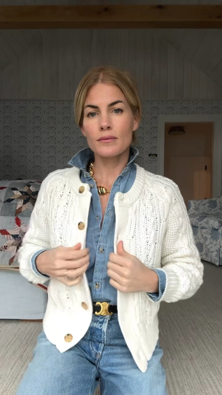 Chambray top - denim - loafers - cable knit - xs - 24 - TTS