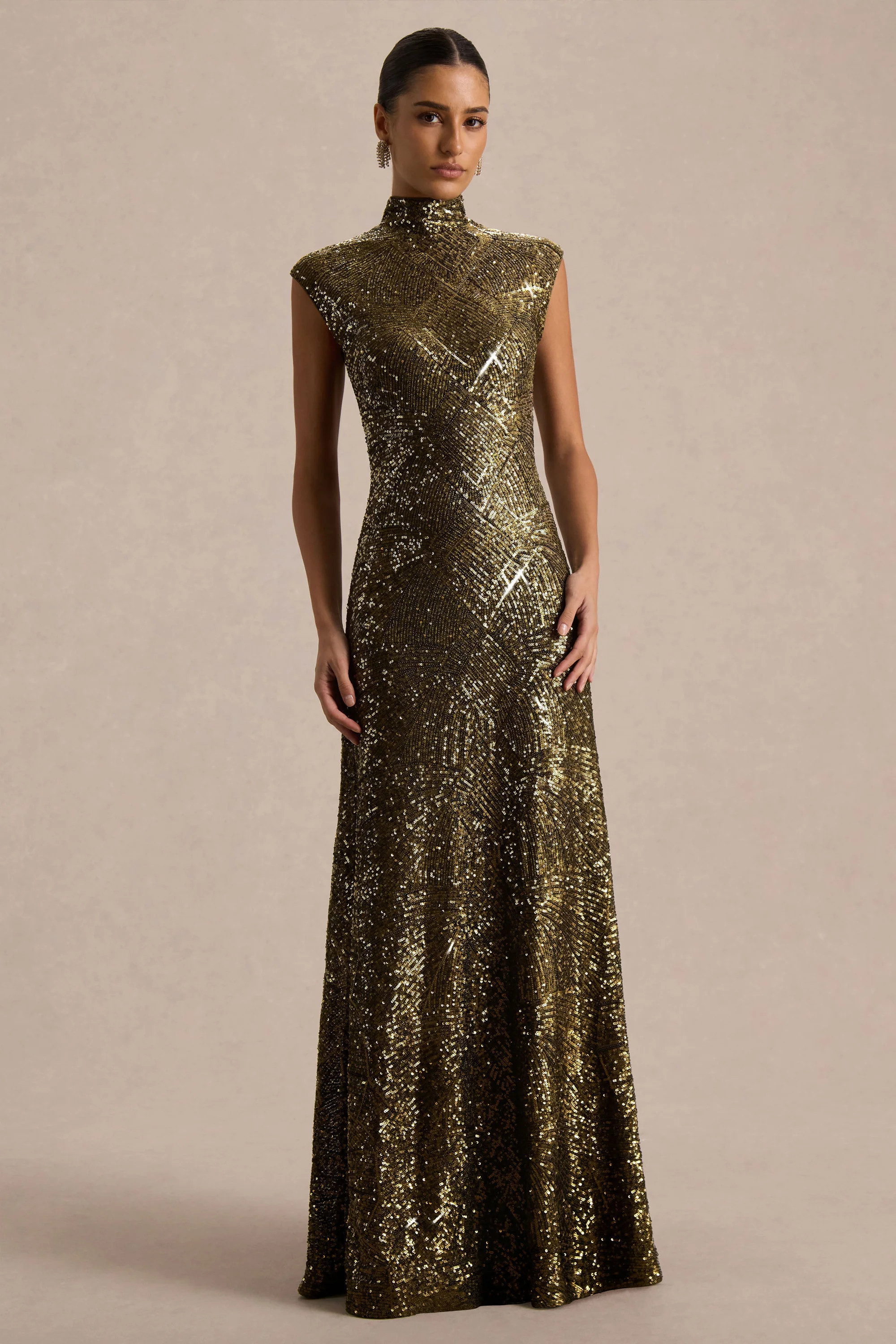 Cecy  Khaki Sequin High-Neck Maxi Dress With Cap Sleeves | Club L London
