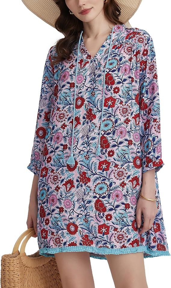 Women's Floral Print Cover Up Boho Tassel Tie Neck 3/4 Sleeve Casual Beach Summer Vacation Mini D... | Amazon (US)