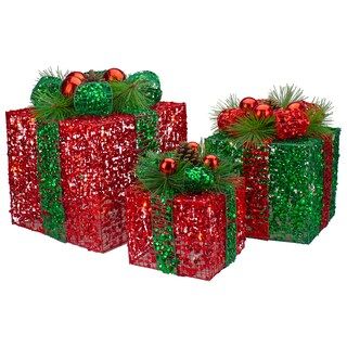 Northlight Set of 3 LED Lighted Red and Green Glitter Threaded Gift Boxes Outdoor Christmas Decor... | Michaels Stores