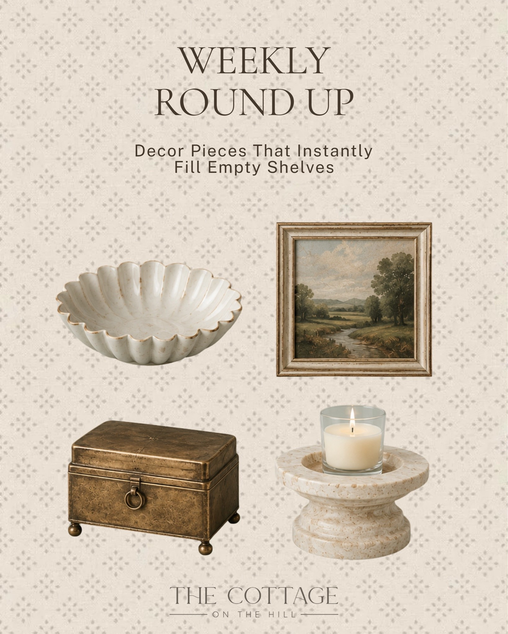The small pieces that make a shelf feel finished and collected ✨ 

Rounded up a few favorites: a scalloped ceramic bowl, a brass trinket box, a vintage landscape print, and a stone candle holder that adds warmth to any surface they land on. 

All linked here 🤍 

#LTKhome