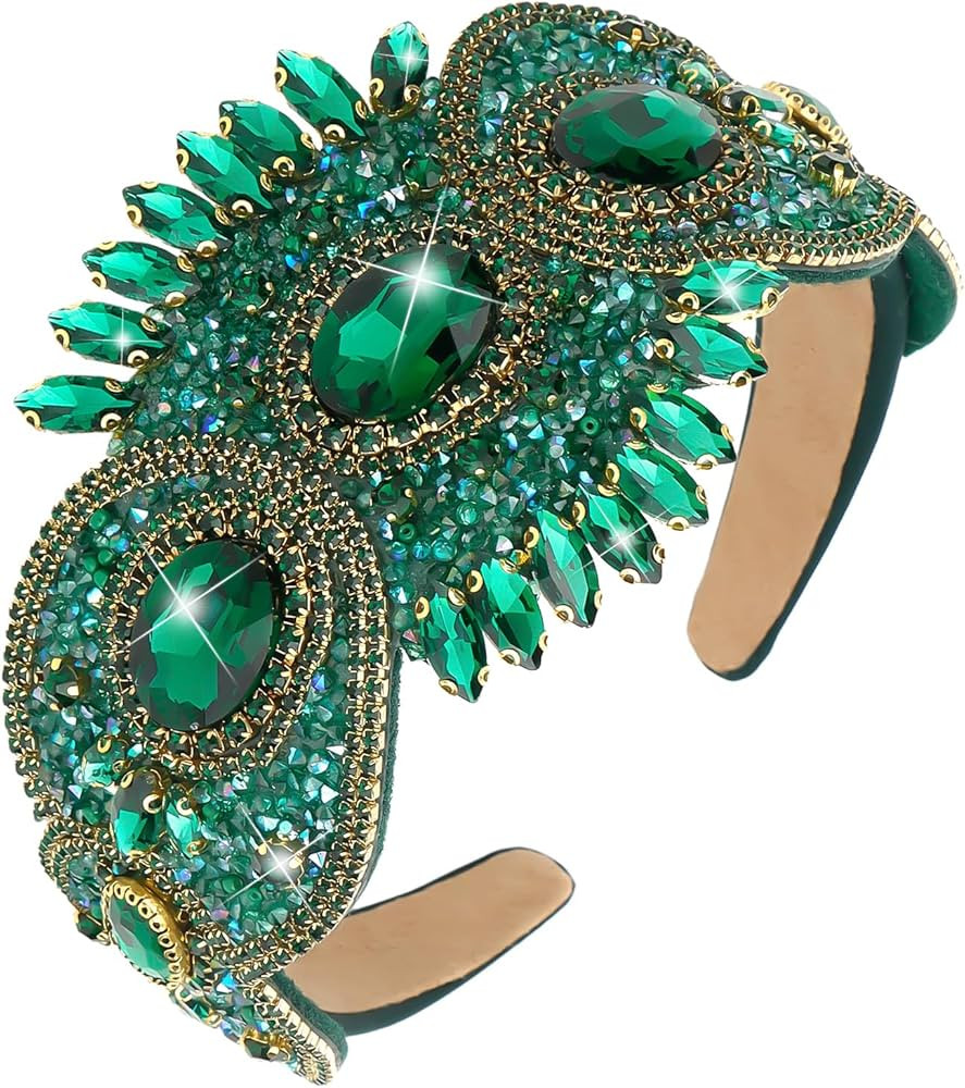 Wecoe Green Rhinestone Headband Women Girls 3.15 Inch Wide Headband Fancy Sparkly Bling Diamond B... | Amazon (US)