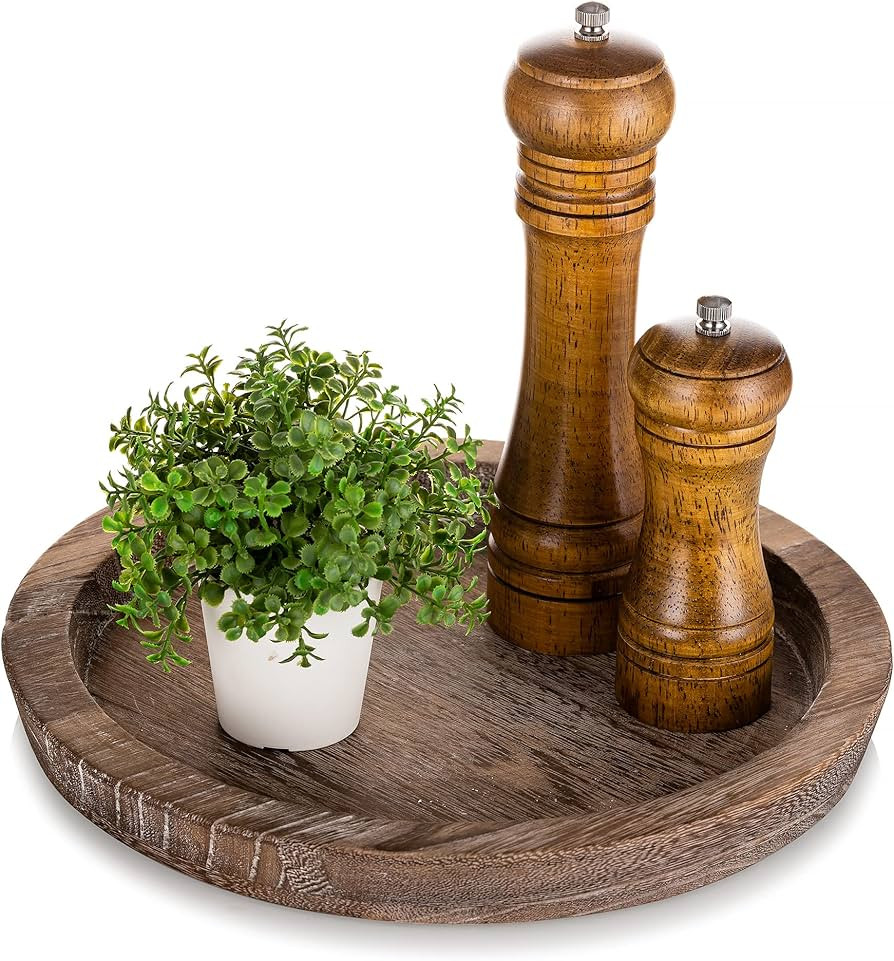 Hanobe Rustic Wooden Serving Tray: Round Wood Butler Decorative Tray Vintage Centerpiece Candle H... | Amazon (US)