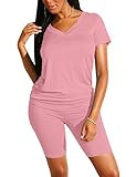 BORIFLORS Women's Causal 2 Piece Outfits Jumpsuits V Neck Basic Tops T Shirt with Sexy Shorts Set,Sm | Amazon (US)