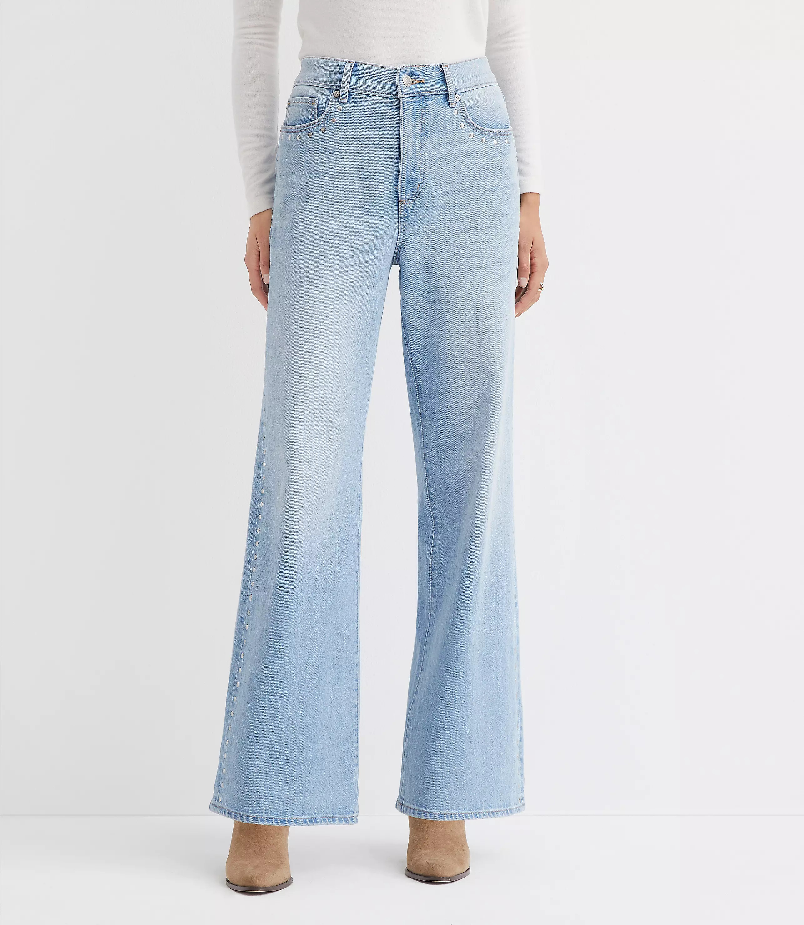 Petite Studded High Rise Wide Leg Jeans In Mid Vintage Wash | LOFT