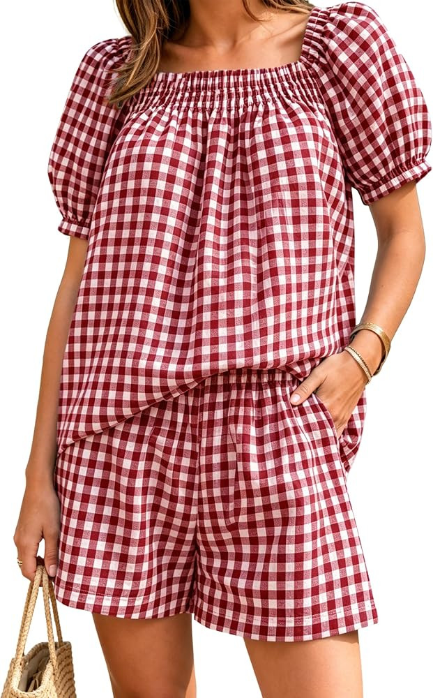 Yeokou Women Plaid 2 Piece Summer Casual Puff Sleeve Smocked Babydoll Shirt Wide Leg Shorts Match... | Amazon (US)