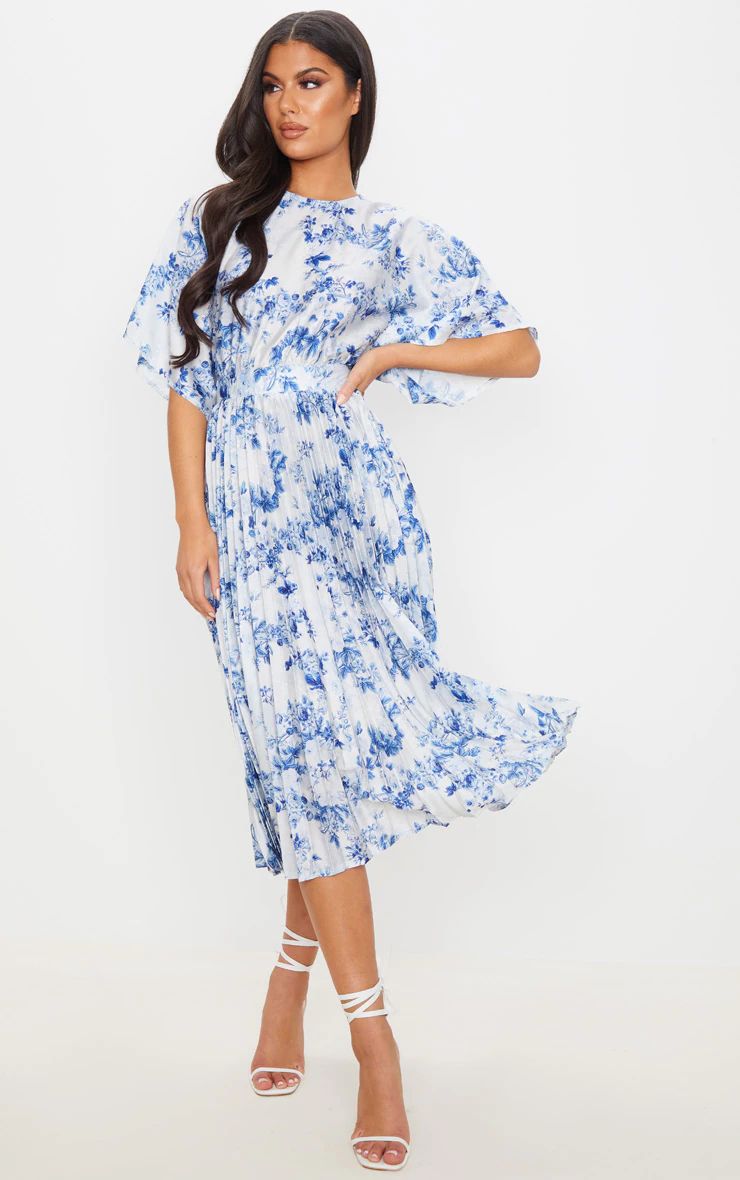 Pastel Blue Floral Print Open Back Pleated Midi Dress | PrettyLittleThing UK