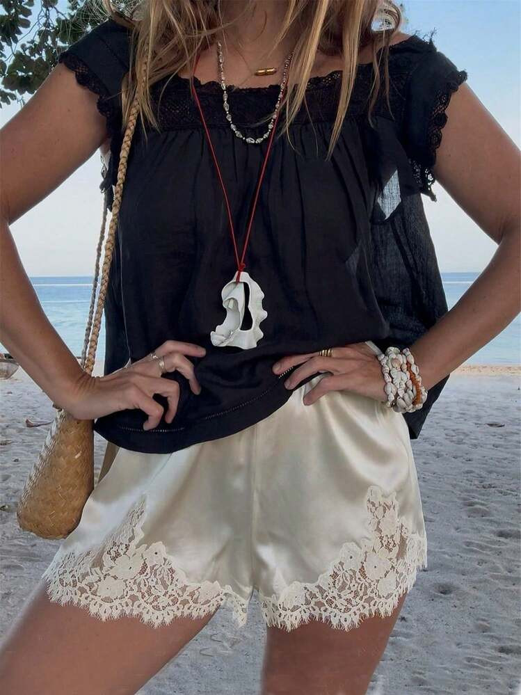 Women's Boho Lace Trim Satin Silk Shorts Shiny Elastic Waist Mini Shorts Pettipants Half Slip Shorts French Knickers Boyshorts For Dresses Full Coverage Underwear Lounge Pants | SHEIN