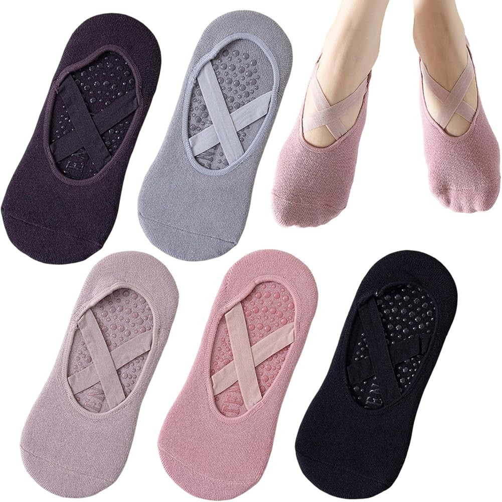 Shudyear 5 Pairs Non-Slip Yoga Socks, Grippy Socks for Women Non-Slip Grips & Straps, Ideal for P... | Amazon (UK)