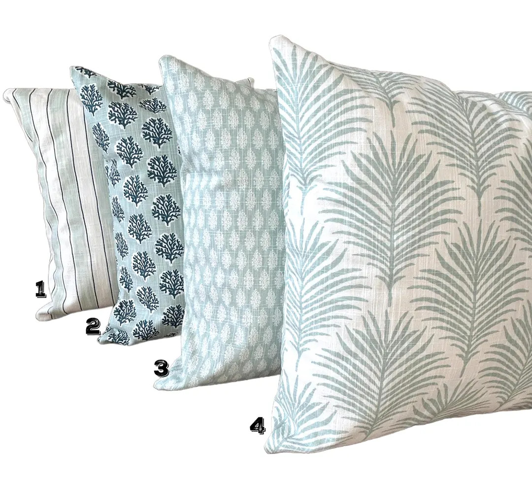 Aqua Coastal Pillow Cover Palms Shells Coral Print Throw Pillow Various Sizes - Etsy | Etsy (US)