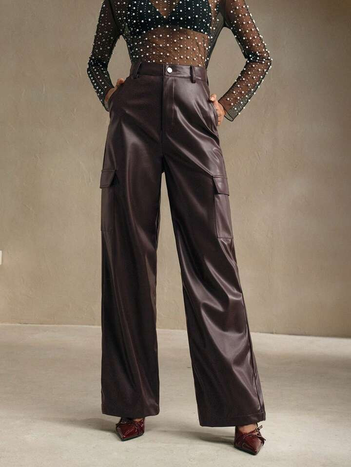 Anewsta Women's Modern Fashion Straight-Leg Cargo Leather Pants | SHEIN USA | SHEIN