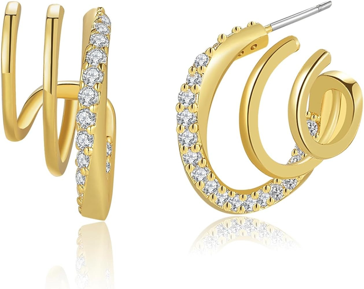Obidos 14K Gold Plated Triple Huggie Illusion Stud Earrings | Double Huggie Hoop Earrings for One... | Amazon (US)