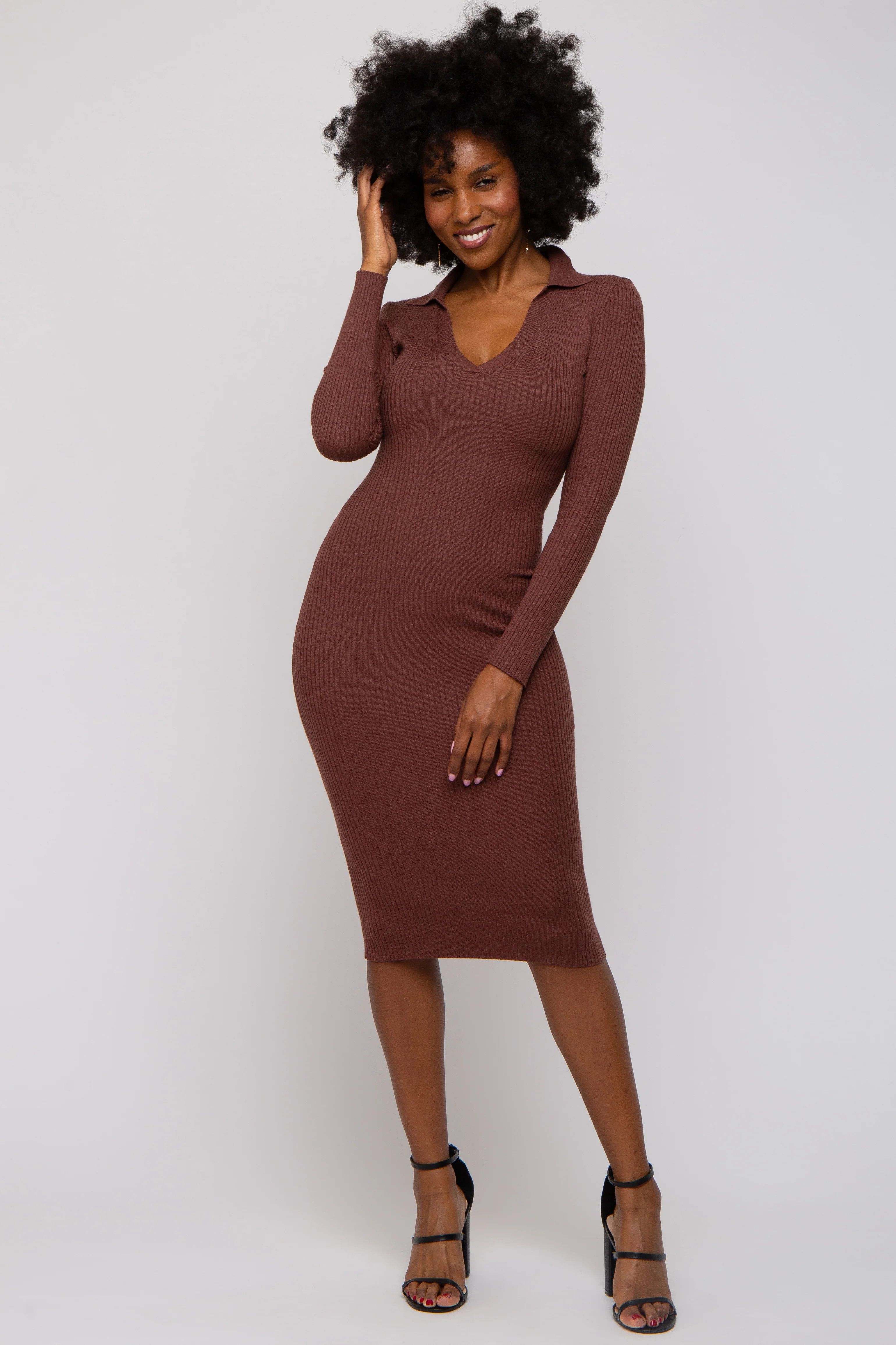 Brown Ribbed Knit Fitted Dress | PinkBlush Maternity