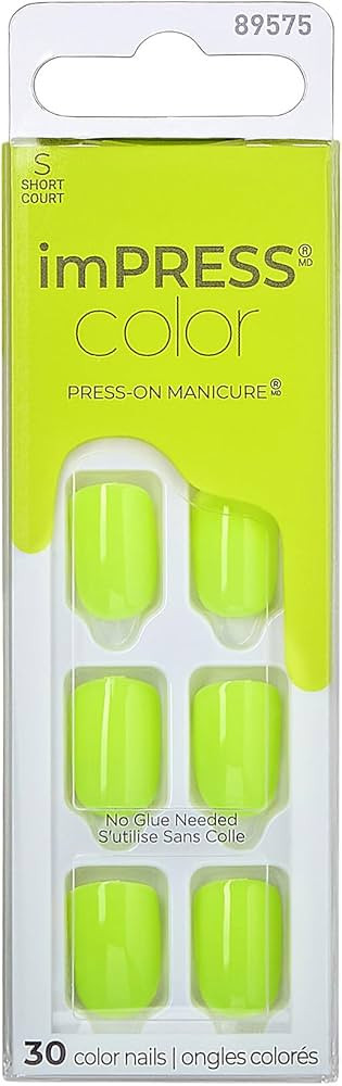 KISS imPRESS Color No Glue Mani 30 Pcs Press On Nails, Neon, Yellow Green, Short Size, Squoval Sh... | Amazon (US)