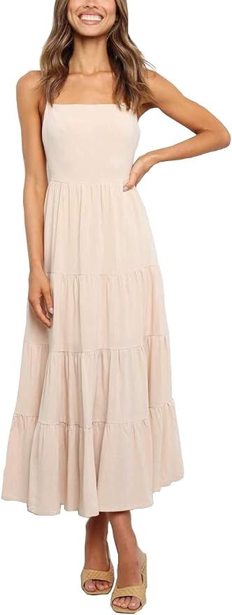 Nhicdns Women Summer Boho Maxi Dress Tiered Paghetti Strap Square Neck Pleated Backless Sleeveles... | Amazon (US)