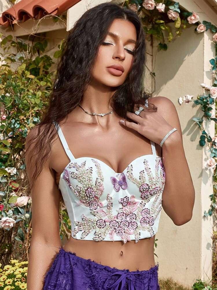 Apperloth A Floral Embroidery 3D Butterfly Applique Bustier Crop Cami Top | SHEIN