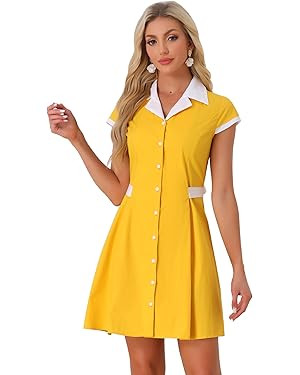 Allegra K Women's Vintage Button Down Shirt Dress Notch Lapel Short Sleeve Belted Office Mini Sho... | Amazon (US)
