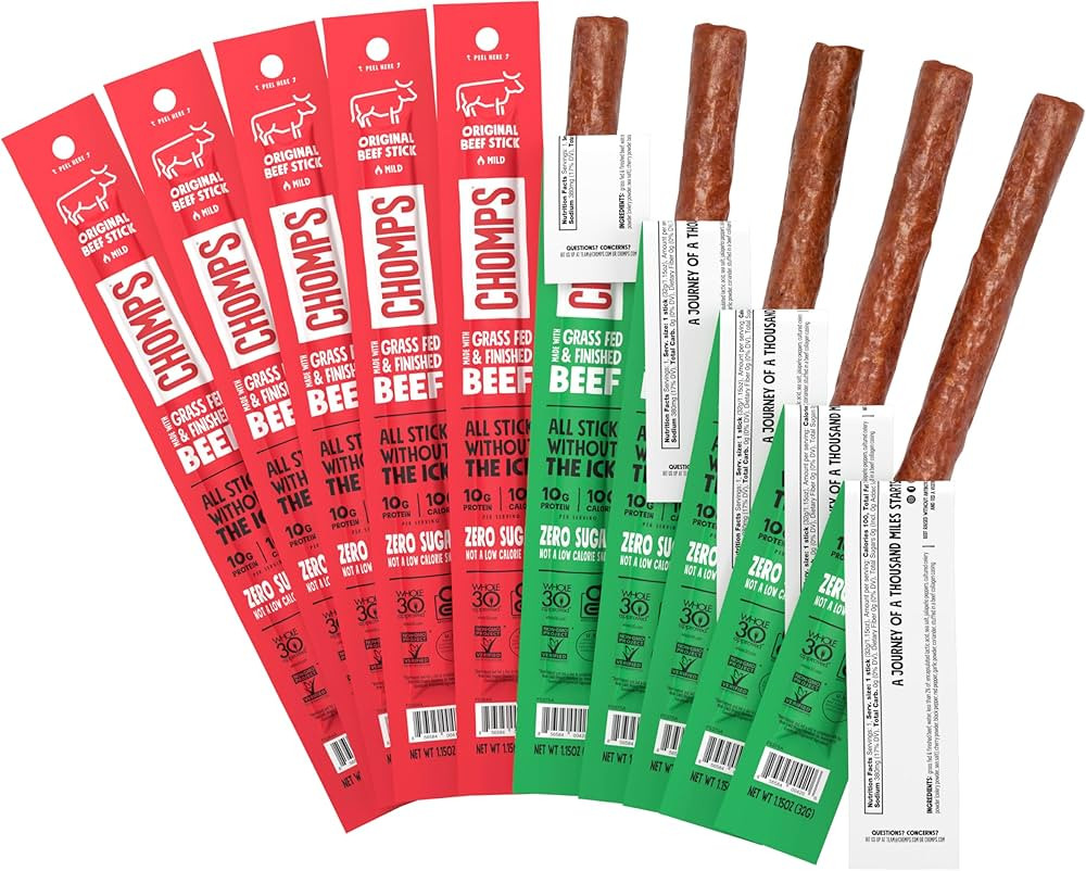 CHOMPS Grass Fed Beef Jerky Sticks, Beef Variety Pack, 10 Sticks: (5) Original Beef, (5) Jalapeno... | Amazon (US)