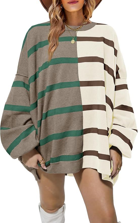 Fisoew Womens Striped Pullover Sweater Crew Neck Long Sleeve Knitted Color Block Casual Loose Lig... | Amazon (US)