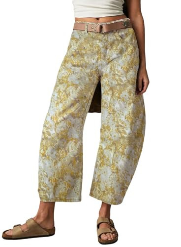loveimgs Women Baggy Barrel Jeans Mid Rise Printed Denim Pants Wide Leg Jeans Boyfriend Y2k Patchwork Yellow Hippie (X-Large,Yellow) | Amazon (US)