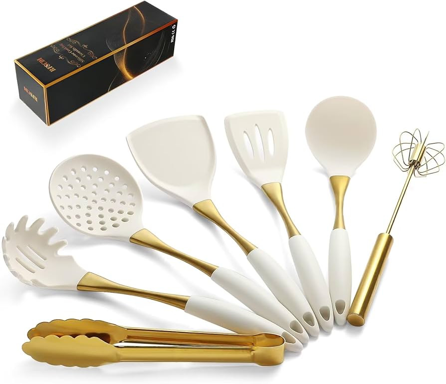 Elegant White Gold Silicone Cooking Utensils Set - Non-Toxic, Dishwasher Safe Kitchen Utensils Se... | Amazon (US)