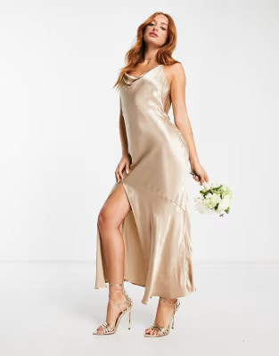 Topshop bridesmaid tie back satin slip dress in gold | ASOS (Global)