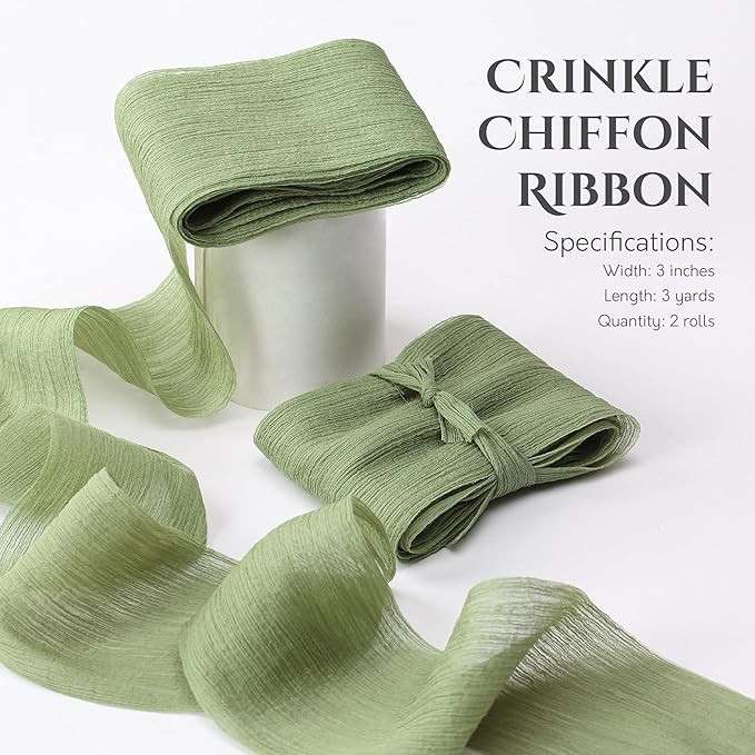 Sage Green Chiffon Ribbon 3 Inch Tulle Crinkle Fabric Silk Ribbons for Flower Bouquet Bridal Wedd... | Amazon (US)