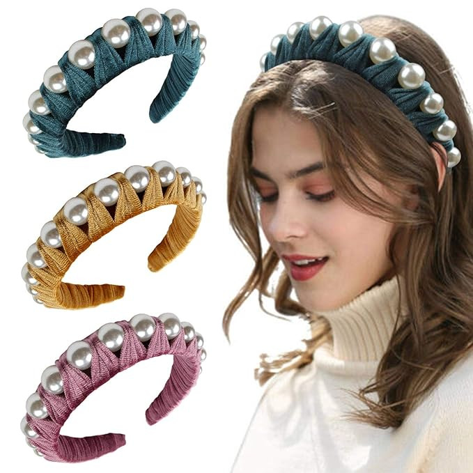 3Pack Velvet Pearl Headbands for Women,YANJIE Padded Headbands Vintage Womens Headbands Hair Acce... | Amazon (US)