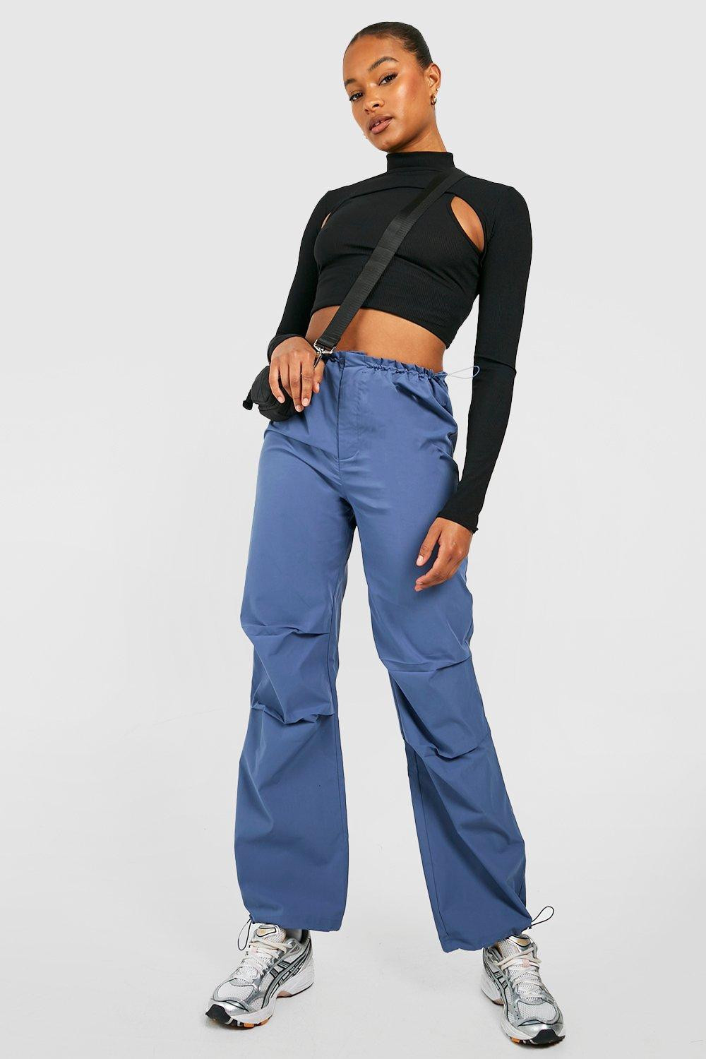 Womens Tall Low Rise Elasticated Waist Cargo Parachute Pants - Blue - 8 | Boohoo.com (US & CA)