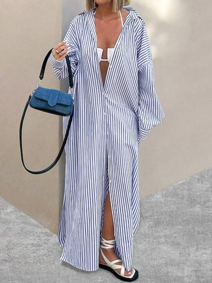 Women's Casual Loose Striped Side Slit Maxi Shirt | SHEIN