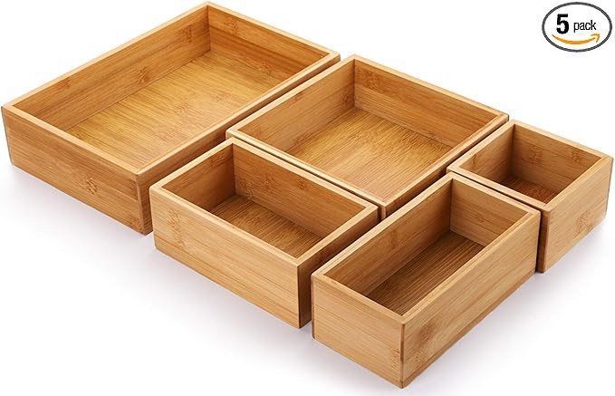 Lawei Set of 5 Bamboo Drawer Organizer Boxes, Desk Storage Box Kit, Drawer Storage Containers Tra... | Amazon (US)