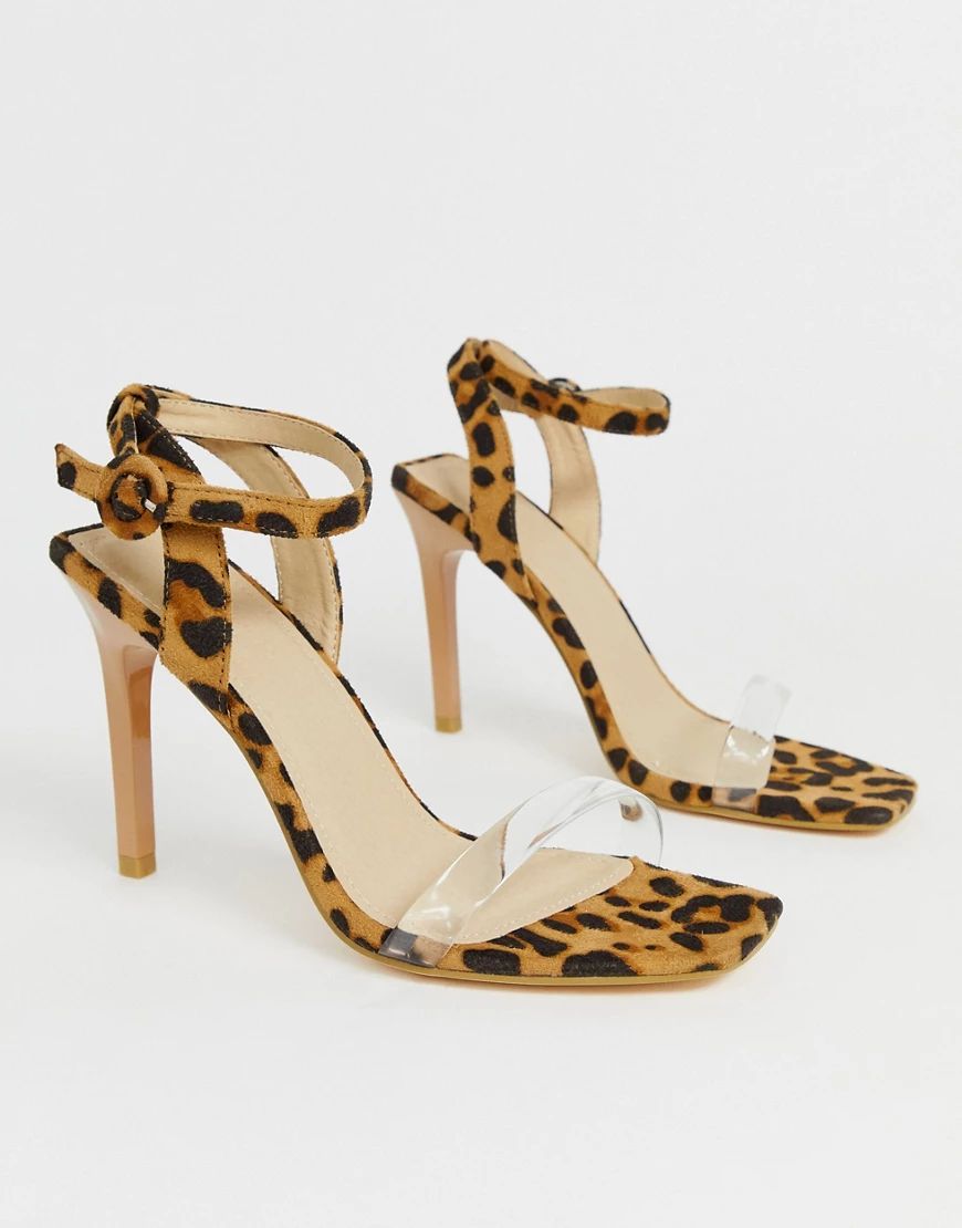Truffle Collection clear strap barely there heeled sandals in leopard-Multi | ASOS (Global)
