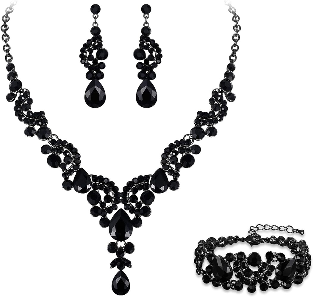 EVER FAITH Rhinestone Crystal Bridal Art Deco Floral Wave Teardrop Necklace Earrings Bracelet Jew... | Amazon (US)