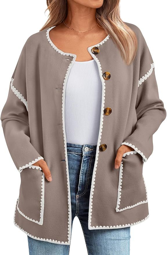 LILLUSORY Women's Open Front Cardigans Sweaters Knitted Oversized Button Up Jackets with Pockets | Amazon (US)