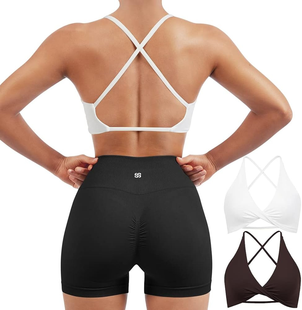 SUUKSESS Women 2 Piece Open Back Strappy Sports Bra Pack Twist V Neck Workout Crops | Amazon (US)
