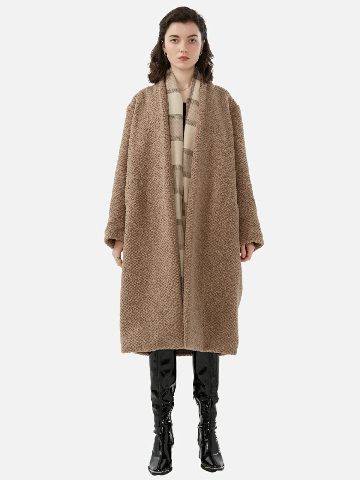 Sherpa Fleece Open Front Long Coat | SDEER