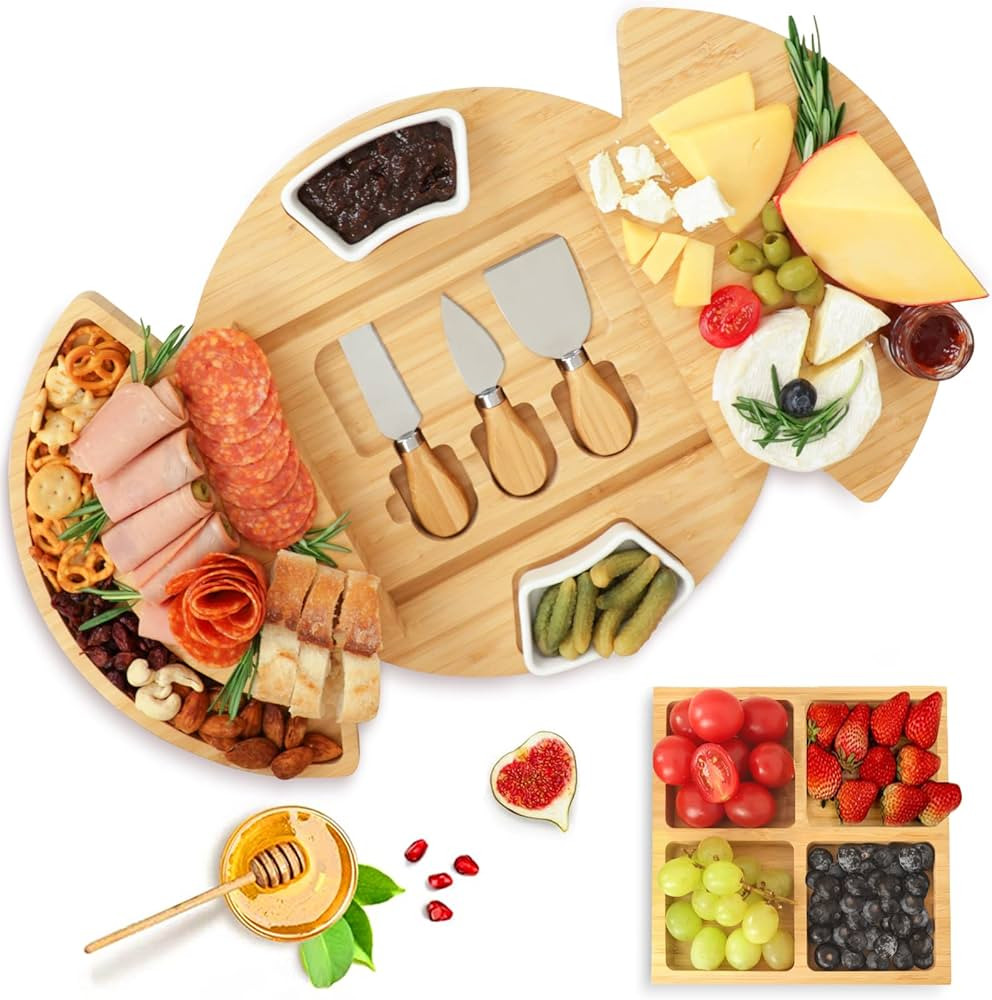 Bamboo Large Round Charcuterie Cheese Board Set, YZS Housm Cheese Serving Platter, Cheese Tray an... | Amazon (US)
